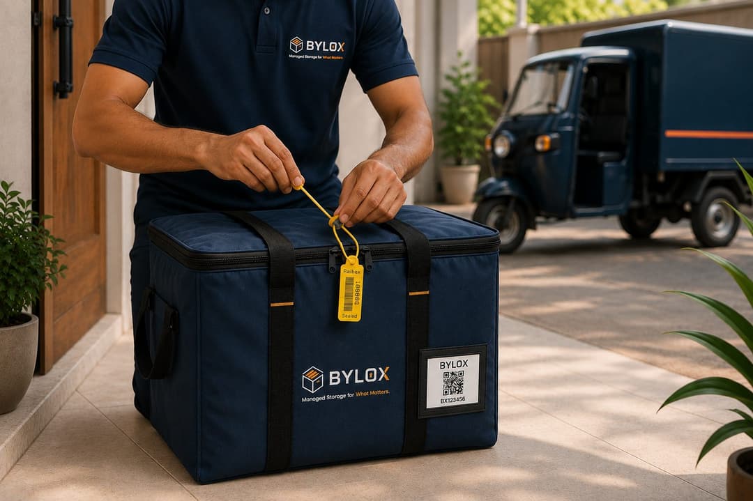 A Bylox agent pulling a yellow seal tag tight on the zip of a navy Bylox Bag with a QR label, at a customer's door