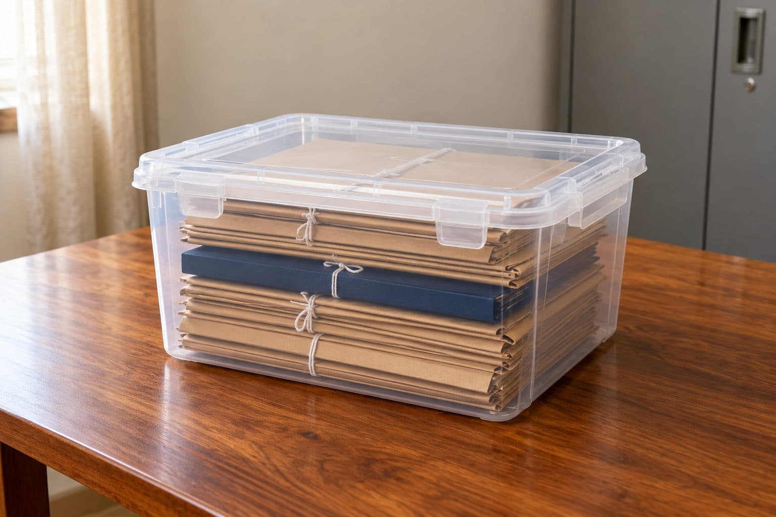 A clear storage box, lid clipped shut, with buff file covers stacked flat inside, on a teak table