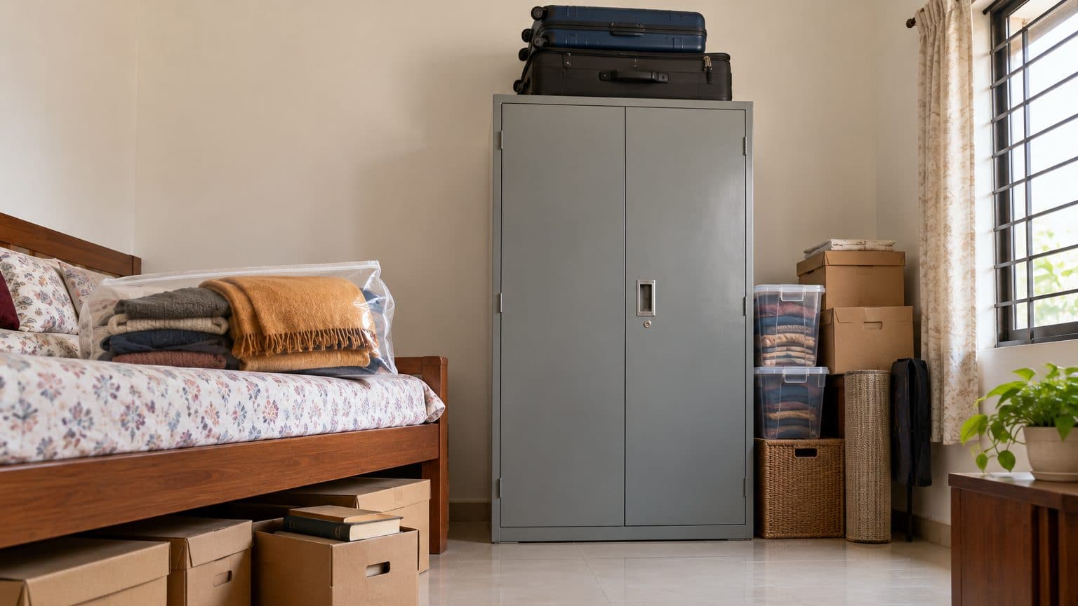 Suitcases stacked on a steel almirah beside a bed with boxes of old books under it and bagged woollens on top