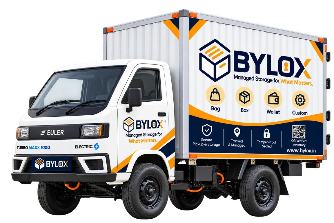 The Bylox electric mini-truck: a white box-body van in navy and orange livery, its side panel showing the Bylox logo and the four storage formats — Bag, Box, Wallet and Custom.