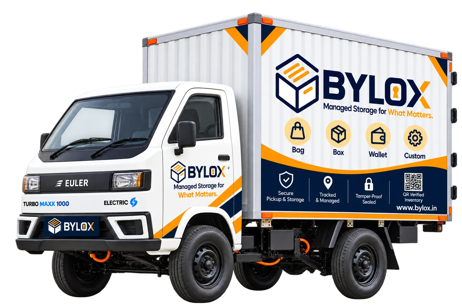 The Bylox electric mini-truck, in navy and orange livery, its box body carrying the Bylox logo and the four storage formats — Bag, Box, Wallet and Custom.
