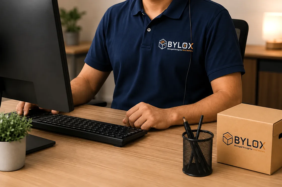 A Bylox team member on a confirmation call at their desk