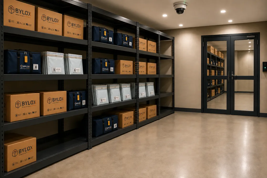 Inside a Bylox facility — BYLOX-labelled cartons and navy storage bags with numbered seal tags on steel racking, QR-labelled sealed wallets, a ceiling CCTV dome, and an access-control panel beside the glass door
