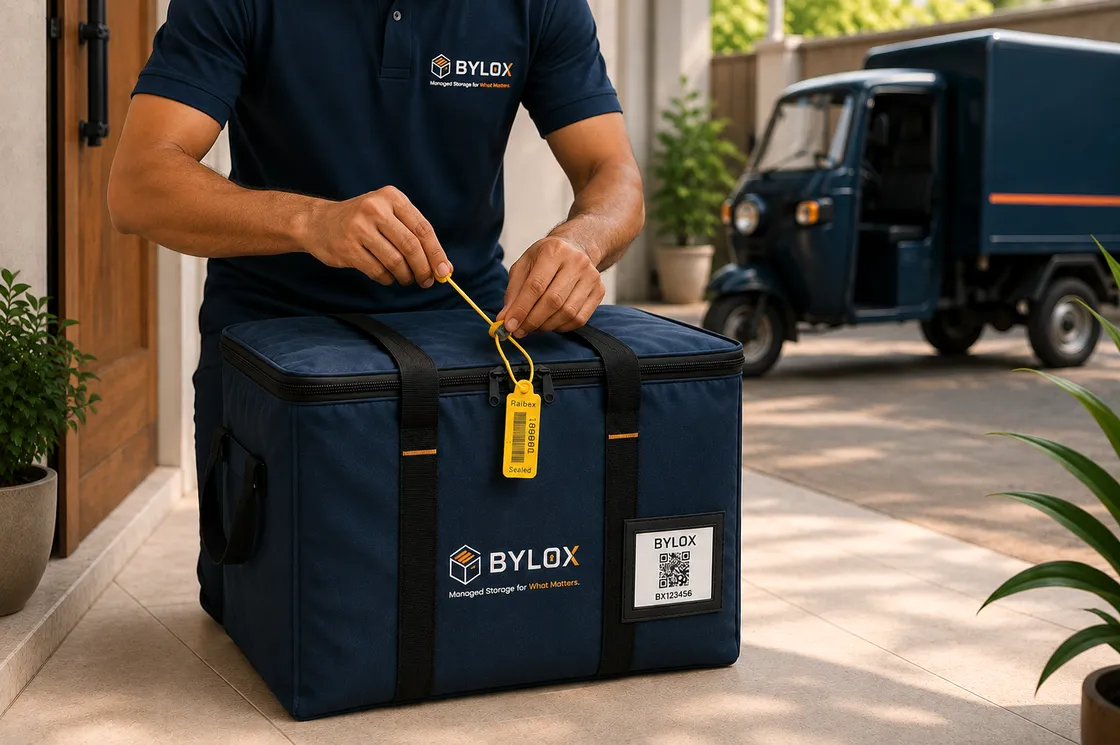 A Bylox agent sealing a Bylox storage bag with a numbered security tag at a customer's door