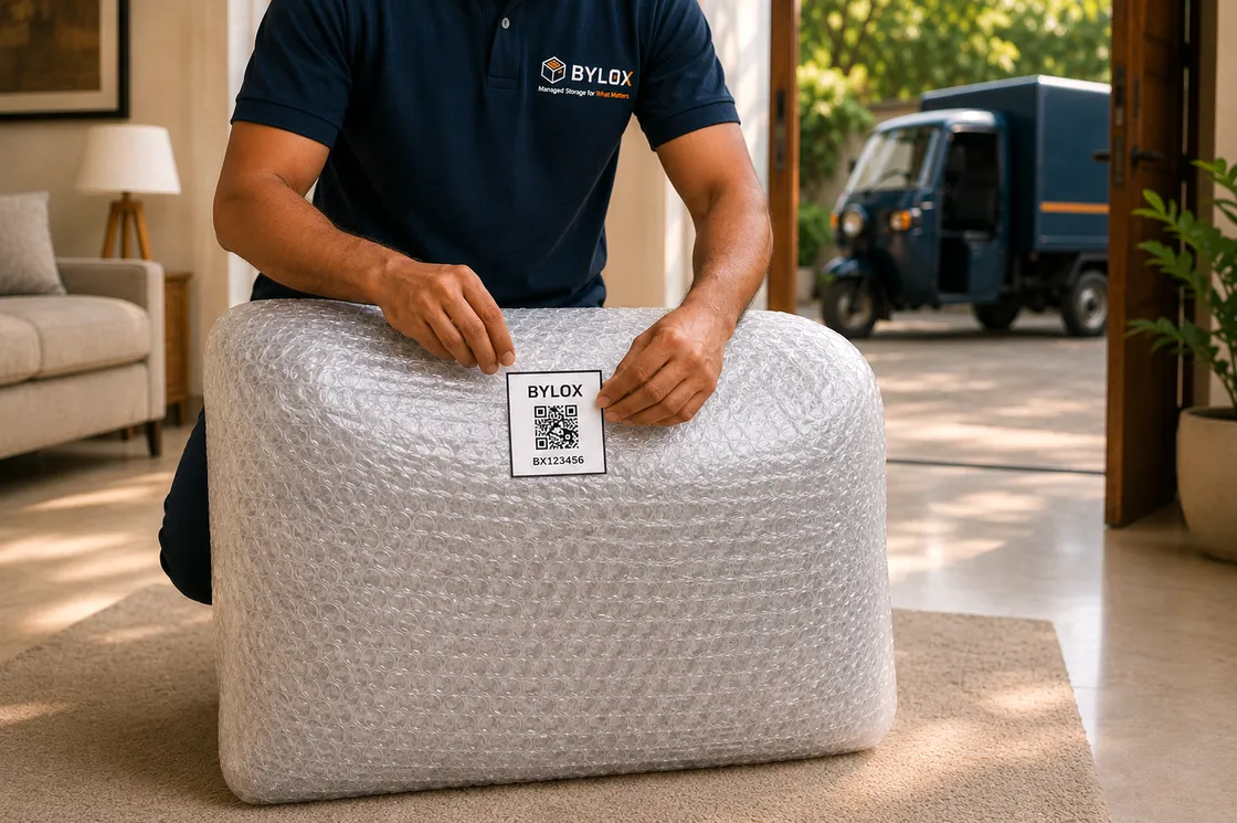 A Bylox agent wrapping and labelling an odd-sized item at a customer's door