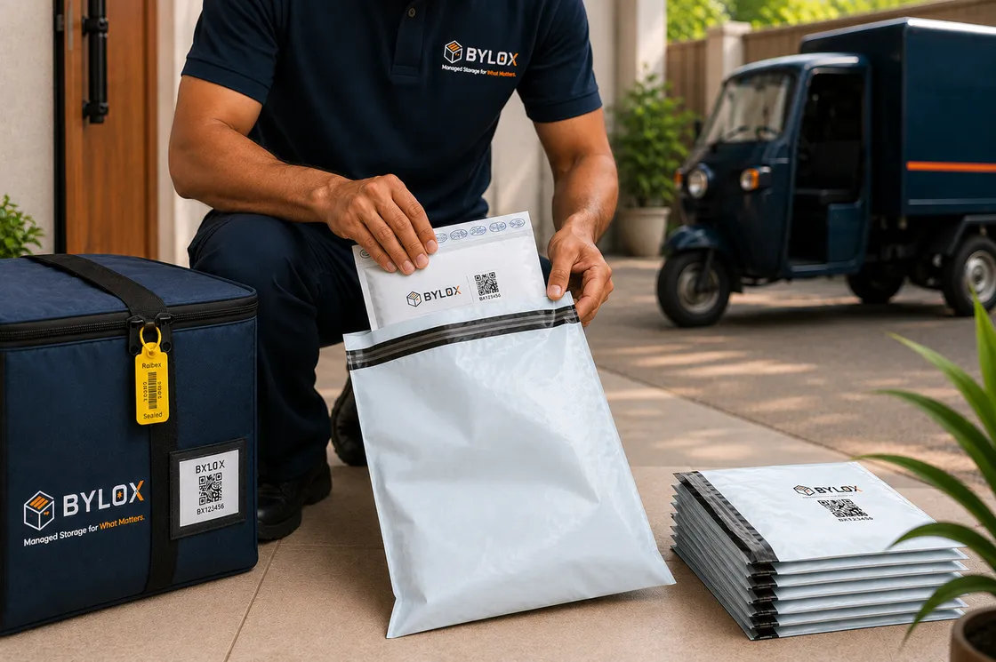 A Bylox agent sealing a Bylox document wallet at a customer's door